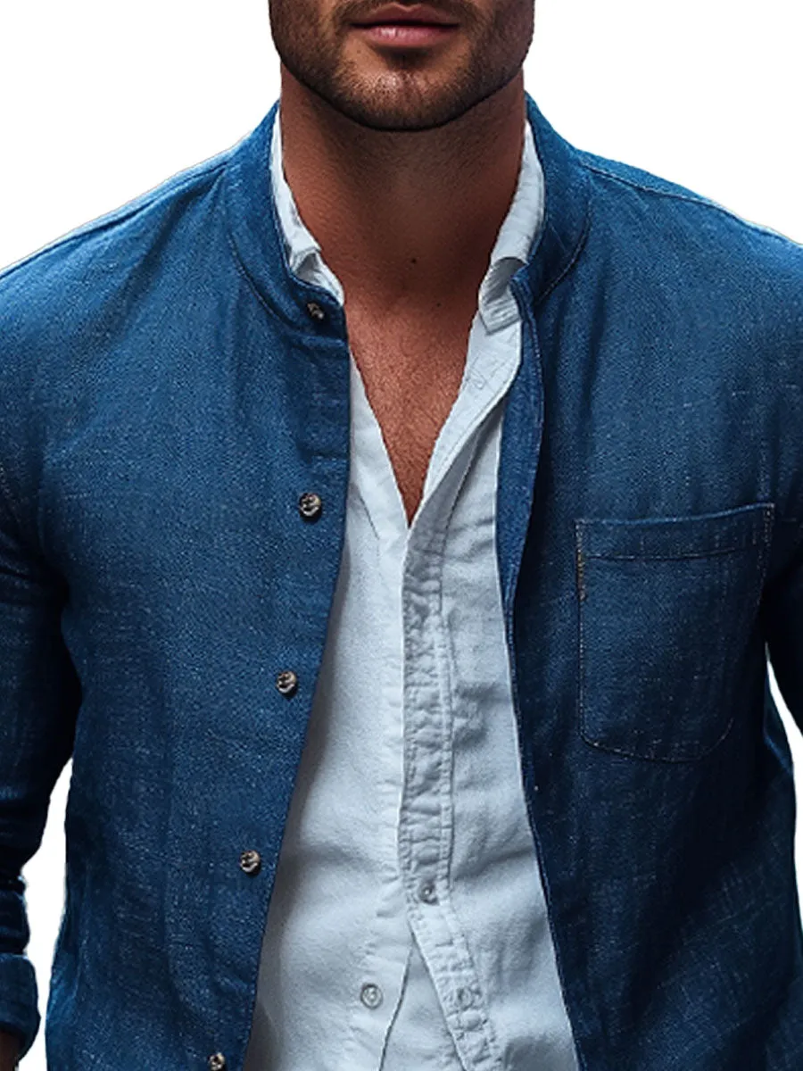 Men's Linen Single Pocket Stand Collar Shirt Jacket