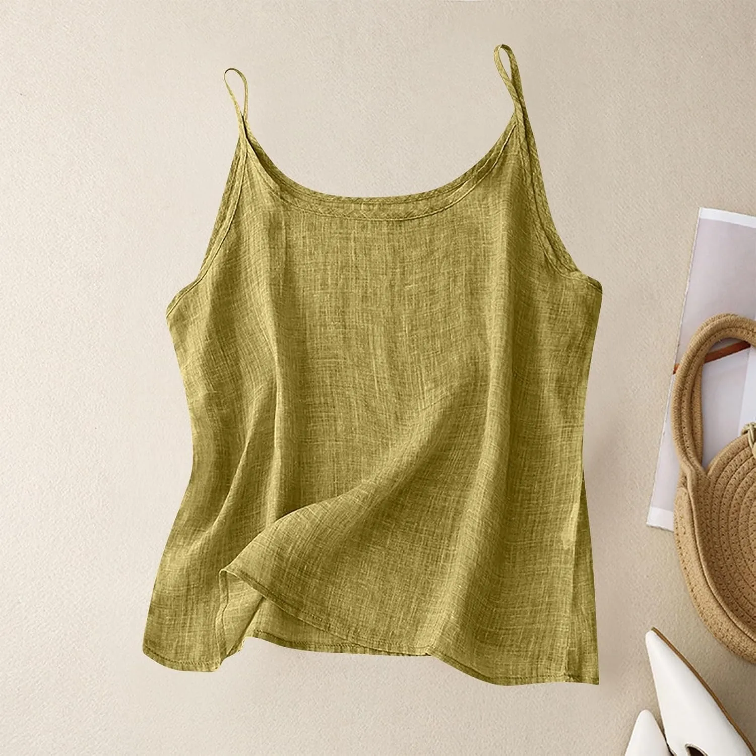 Oplxuo Womens Linen Tank Top Sleeveless Spaghetti Strap Camisole Tops Casual Solid Color Tee Shirts Summer Flowy Tank Top