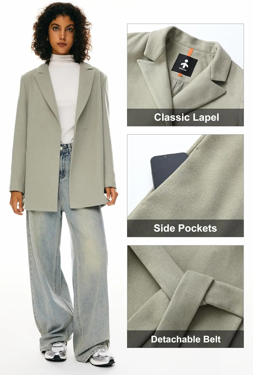 Orolay Stylish Women's Wool Blend Mid-Length Lapel Coat  Slim Fit, Fashionable Wrap with Tie Belt