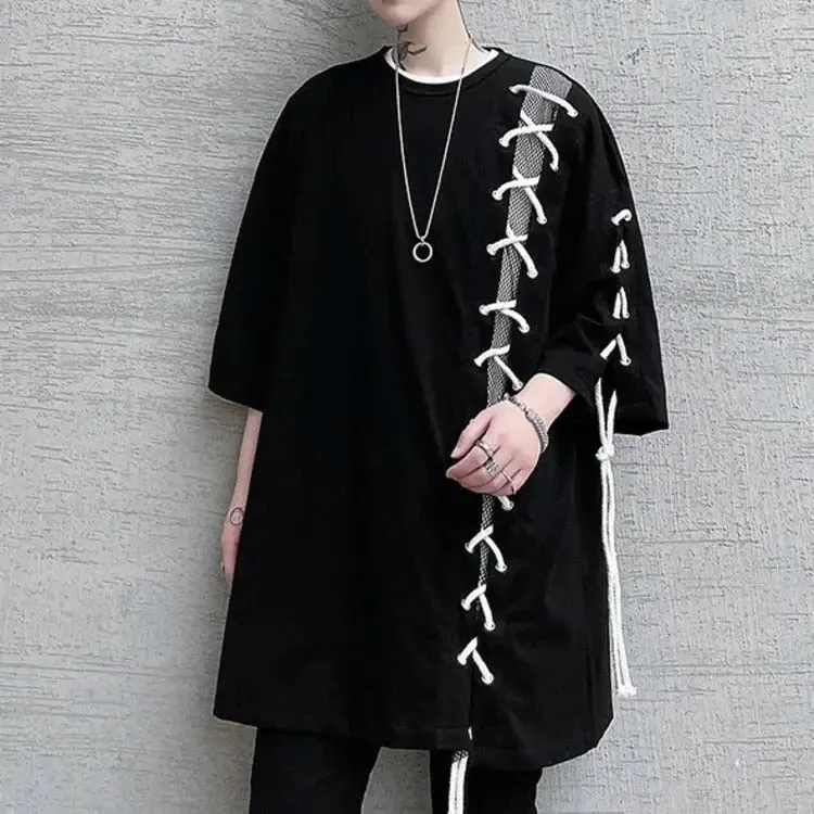 Oversize Drawstring Splice Short Sleeve T-shirt