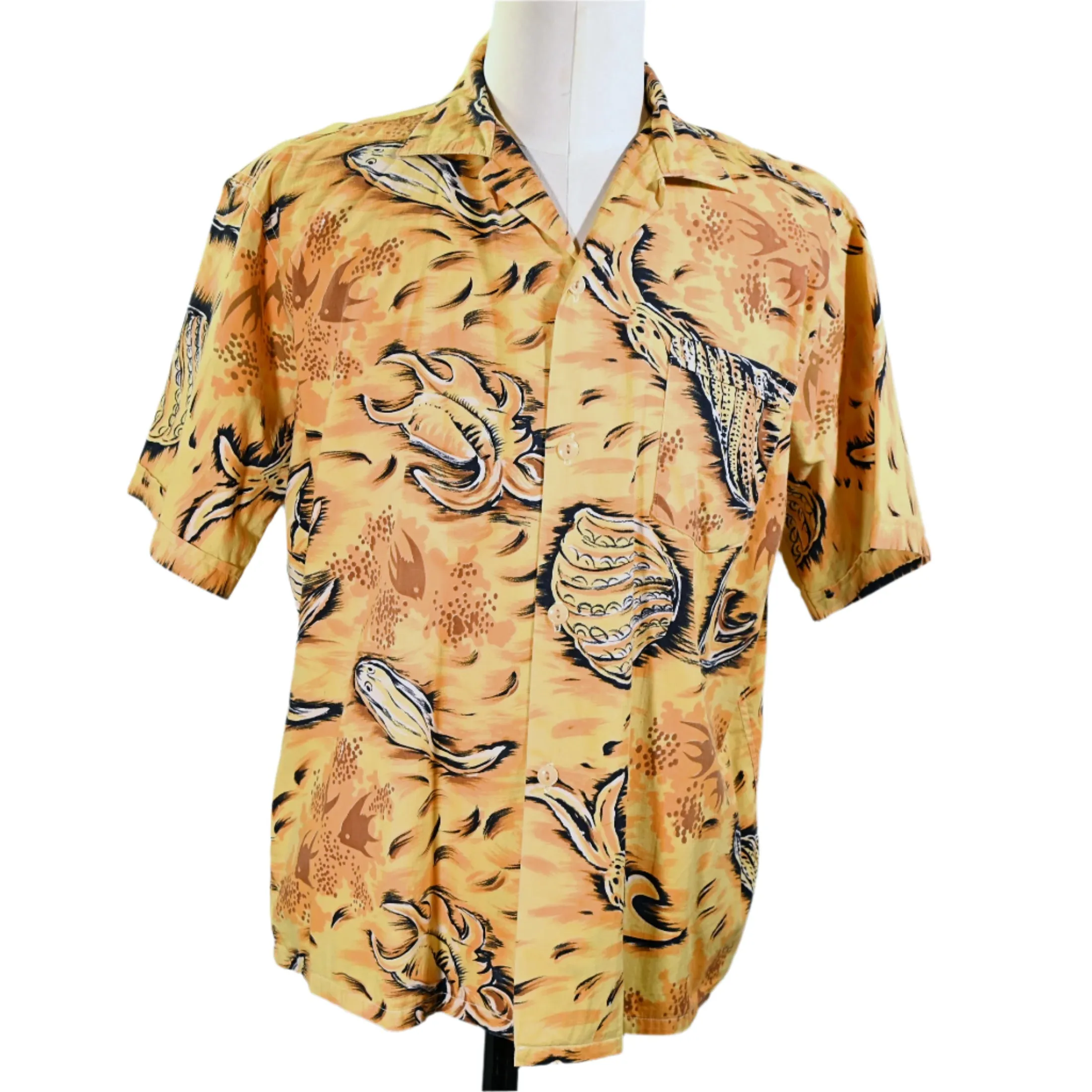 Paradise 50s Vintage Hawaiian Shirt, Fish Seashells Underwater Aloha Shirt, L