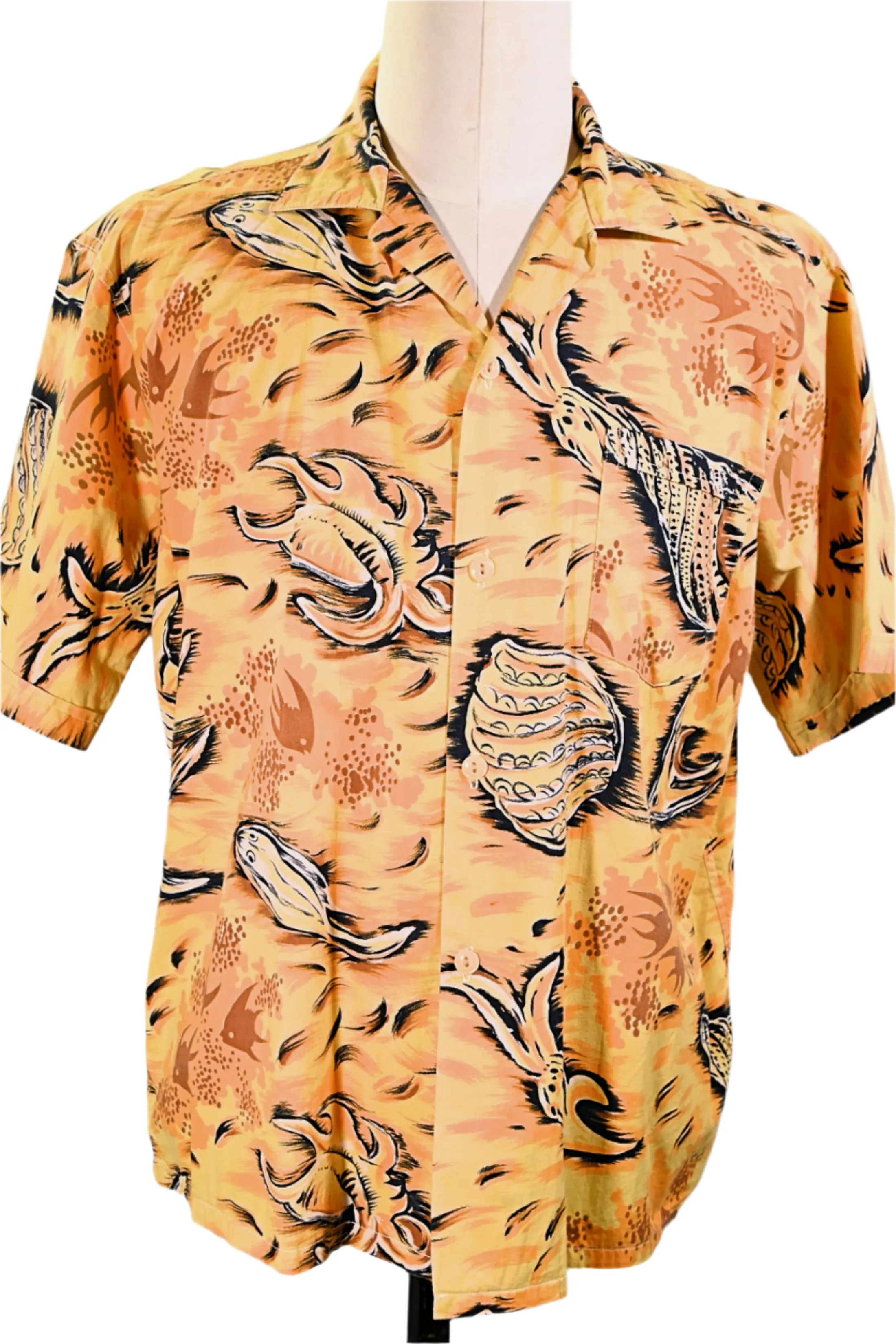 Paradise 50s Vintage Hawaiian Shirt, Fish Seashells Underwater Aloha Shirt, L