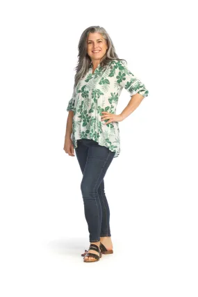 PT14039 GREEN Tropical flowy Blouse with Lace Inset Detail