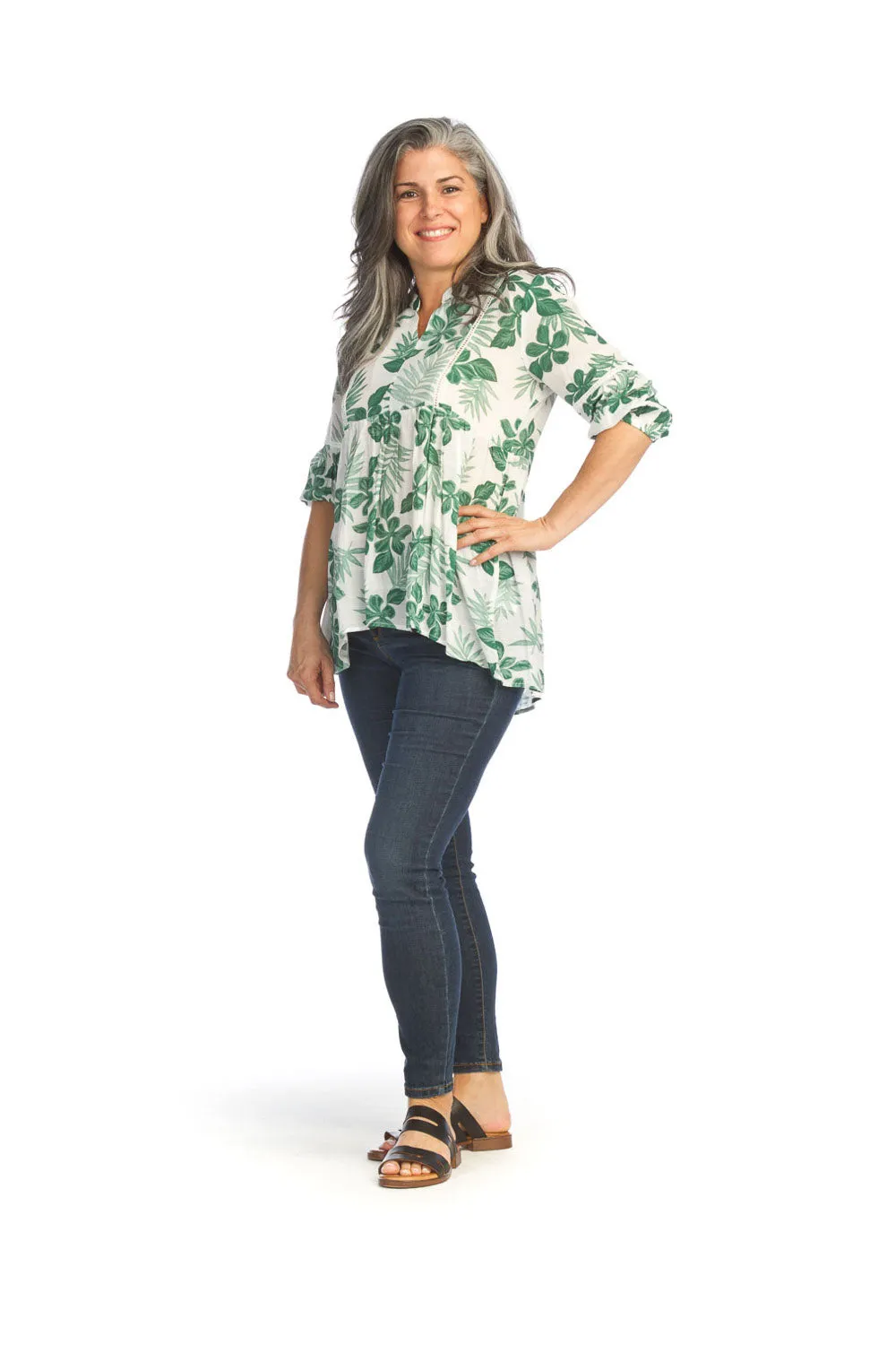 PT14039 GREEN Tropical flowy Blouse with Lace Inset Detail