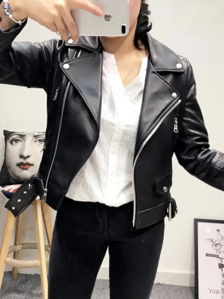 PU Leather Zipper Belt Black Short Coat