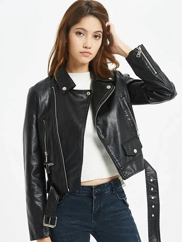 PU Leather Zipper Belt Black Short Coat