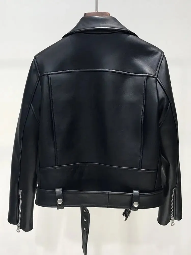 PU Leather Zipper Belt Black Short Coat