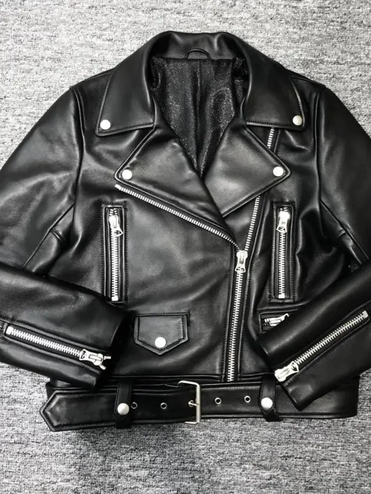 PU Leather Zipper Belt Black Short Coat