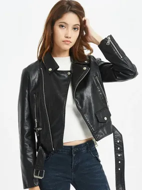 PU Leather Zipper Belt Black Short Coat
