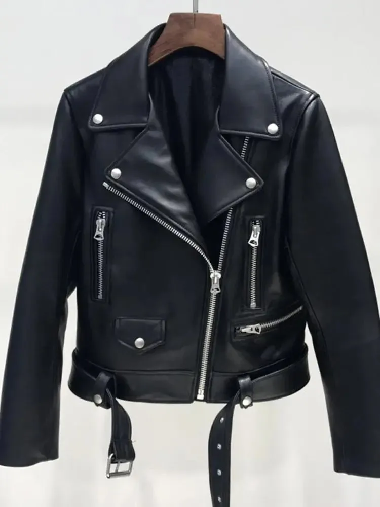 PU Leather Zipper Belt Black Short Coat