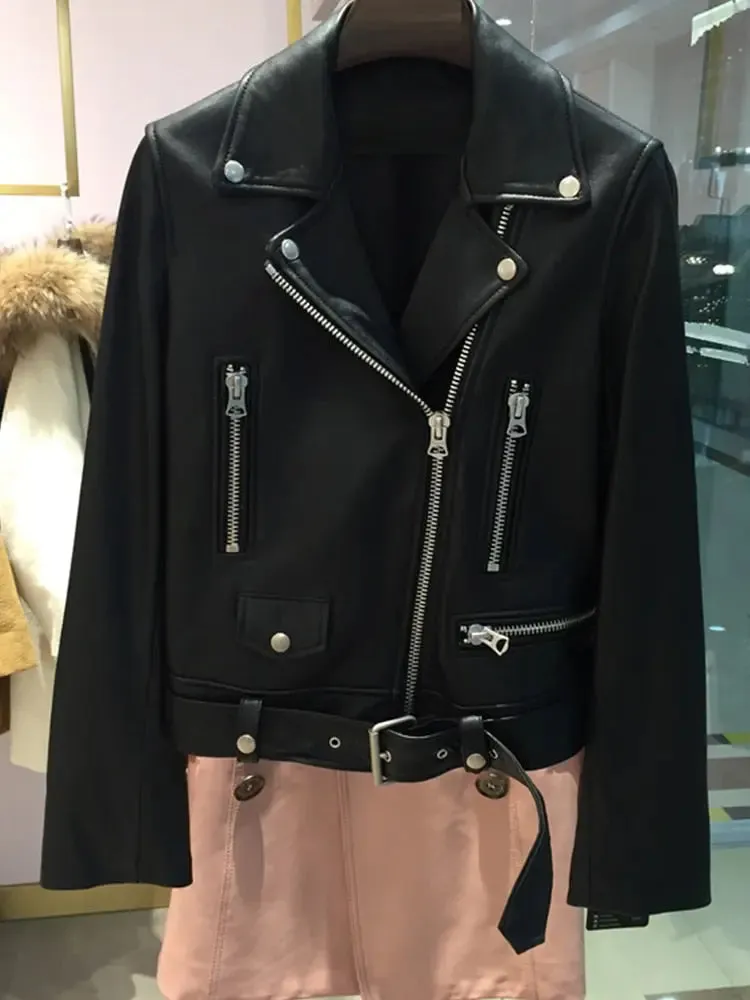 PU Leather Zipper Belt Black Short Coat