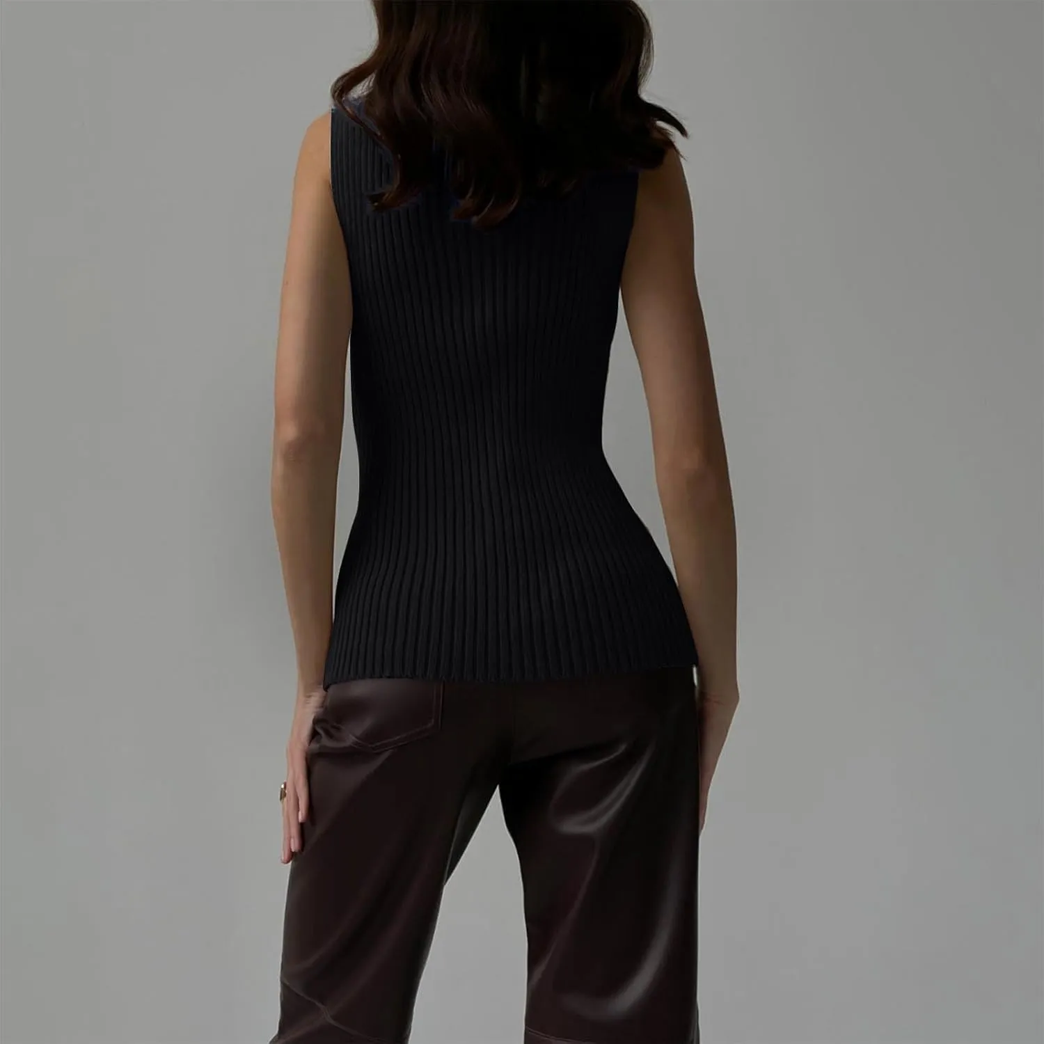 Ribbed Knit Tank Top for Women Turtleneck Sleeveless Sweater Blouse Solid Color Tunic Summer Trendy Shirt