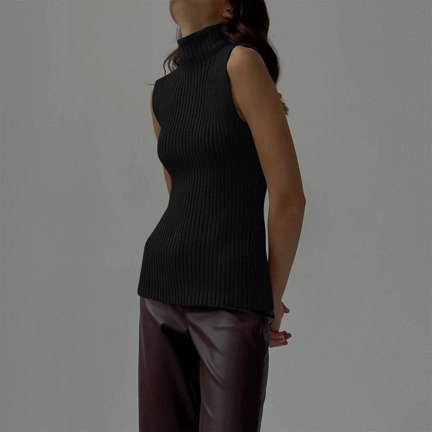 Ribbed Knit Tank Top for Women Turtleneck Sleeveless Sweater Blouse Solid Color Tunic Summer Trendy Shirt