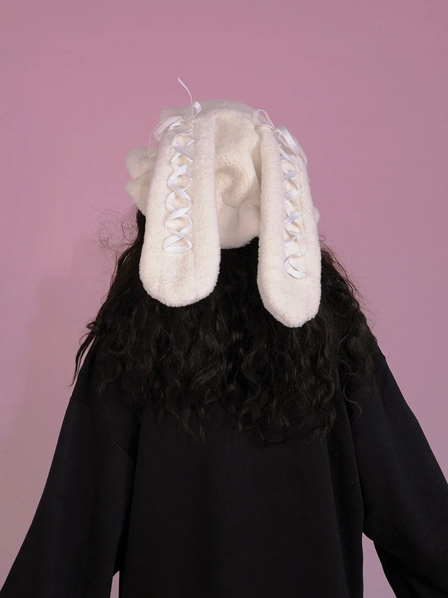Ribbon Bow Furry Bunny Ears Beret