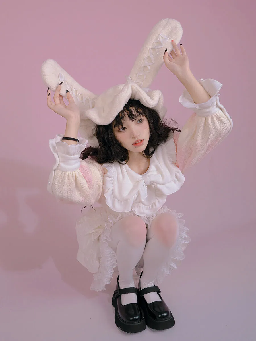 Ribbon Bow Furry Bunny Ears Beret