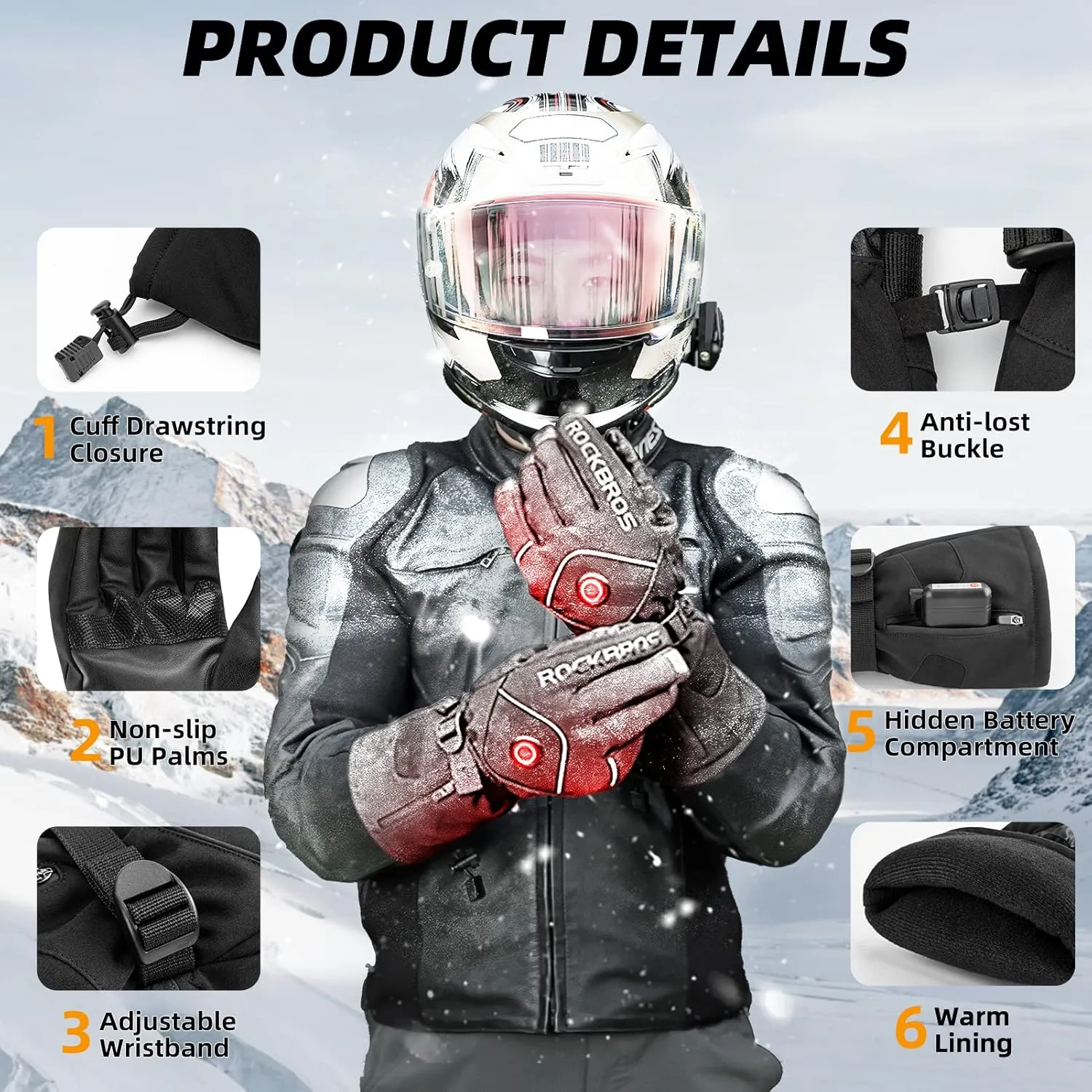 ROCKBROS Heated Gloves for Men Women Rechargeable Battery Electric Heated Gloves Winter Heated Motorcycle Gloves Touchscreen for Cycling, Skiing, Snowboarding