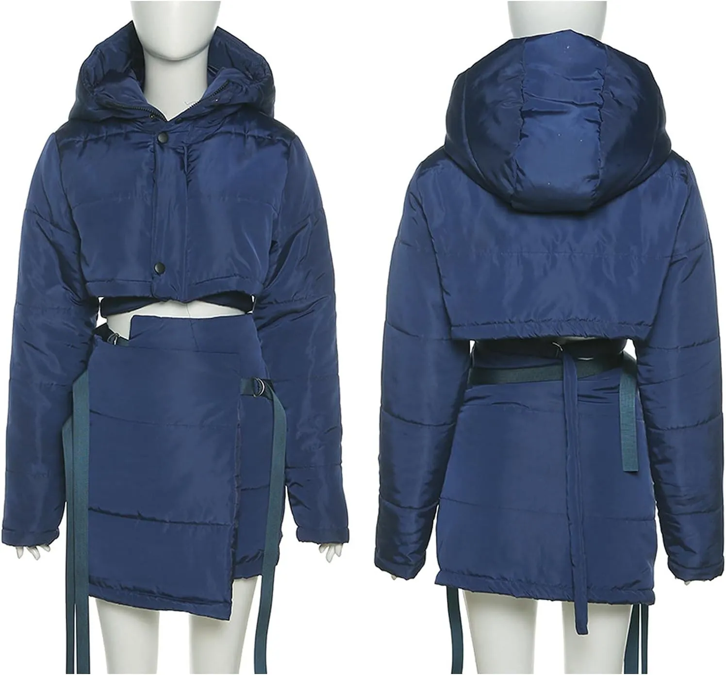Sexyshine Women's Stylish Quilted Jacket 2 Piece Outfit Zip Up Hooded Short Down Crop Coat Lace Up Bandage Puffer Skort Set