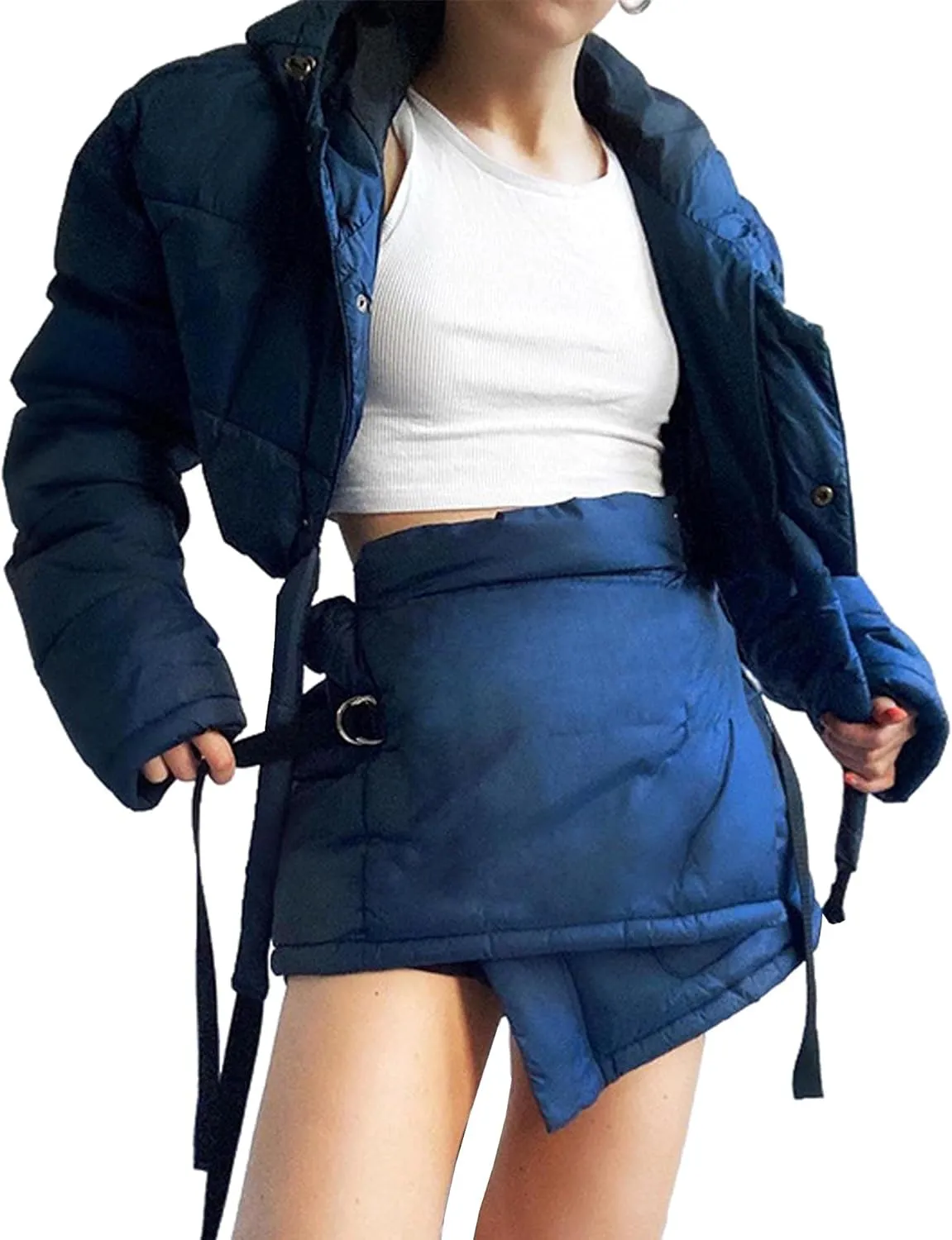 Sexyshine Women's Stylish Quilted Jacket 2 Piece Outfit Zip Up Hooded Short Down Crop Coat Lace Up Bandage Puffer Skort Set
