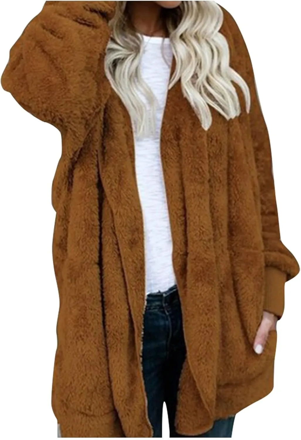 Sherpa Jacket Women Fuzzy Open Front Fleece Lined Jackets Soft Warm Hooded Cardigan Fleece Sweater Winter Coat