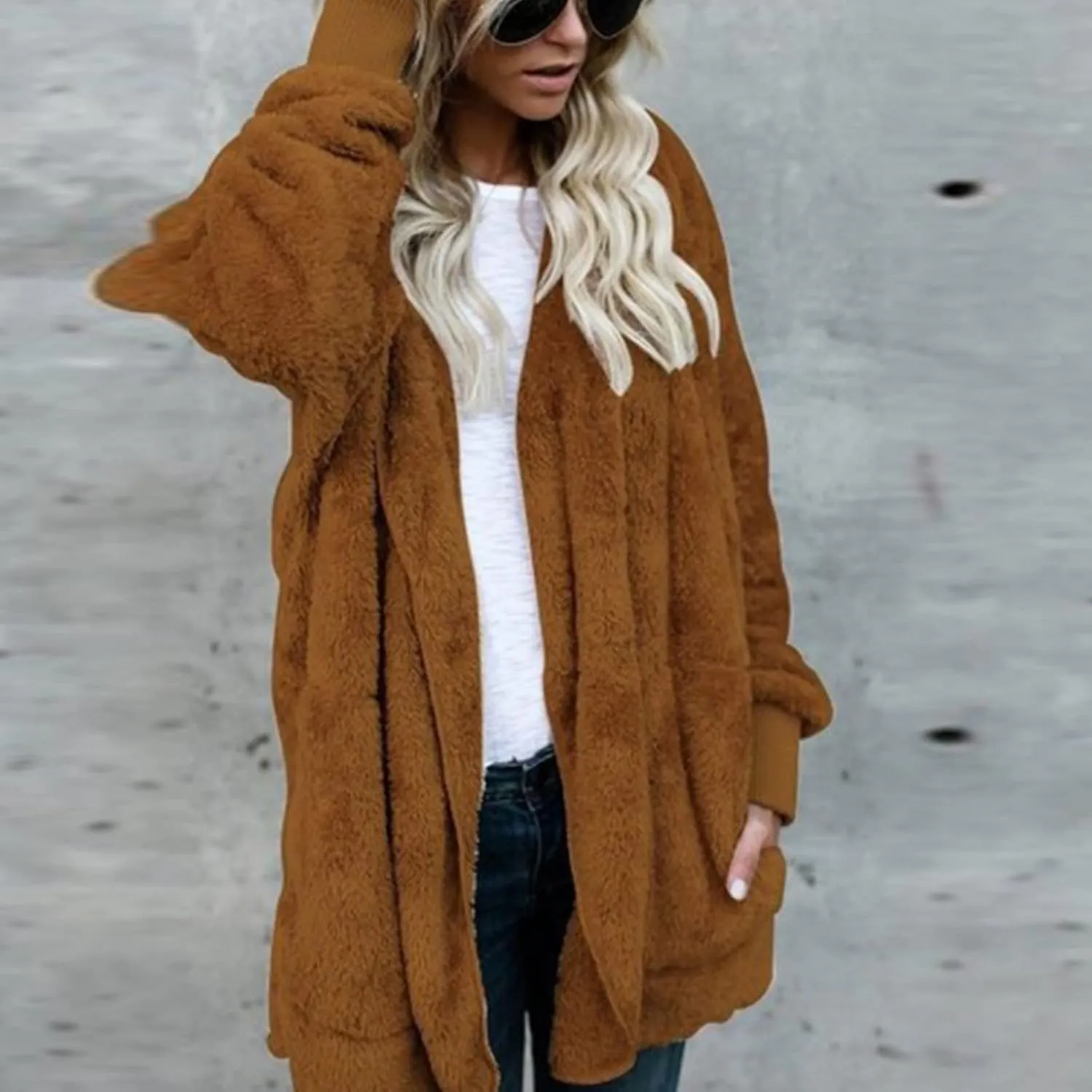 Sherpa Jacket Women Fuzzy Open Front Fleece Lined Jackets Soft Warm Hooded Cardigan Fleece Sweater Winter Coat