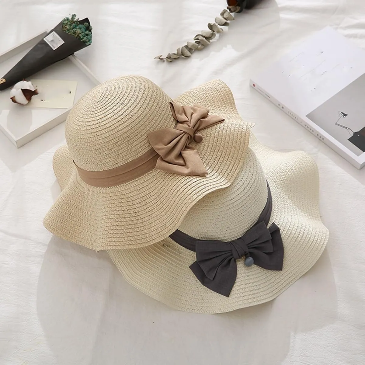Straw Sun Hats for Women Elegant Bowknot Summer Beach Hat Wide Brim Outdoor UV Protection Visor Hat Casual Bucket Hat