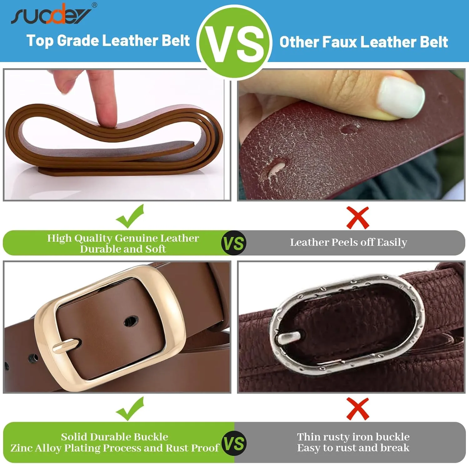 SUOSDEY Fashion Womens Leather Belt, Soft Leather Waist Belt with Gold Pin Buckle for Jeans Pants,width 1.3"