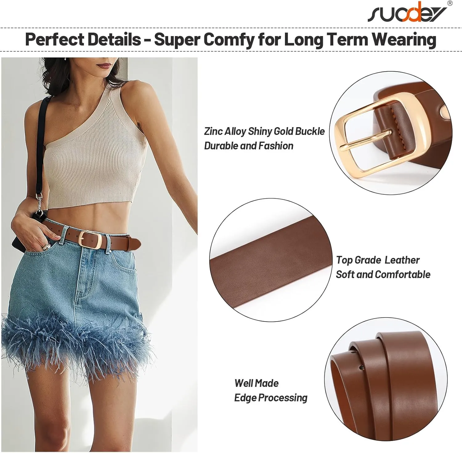 SUOSDEY Fashion Womens Leather Belt, Soft Leather Waist Belt with Gold Pin Buckle for Jeans Pants,width 1.3"