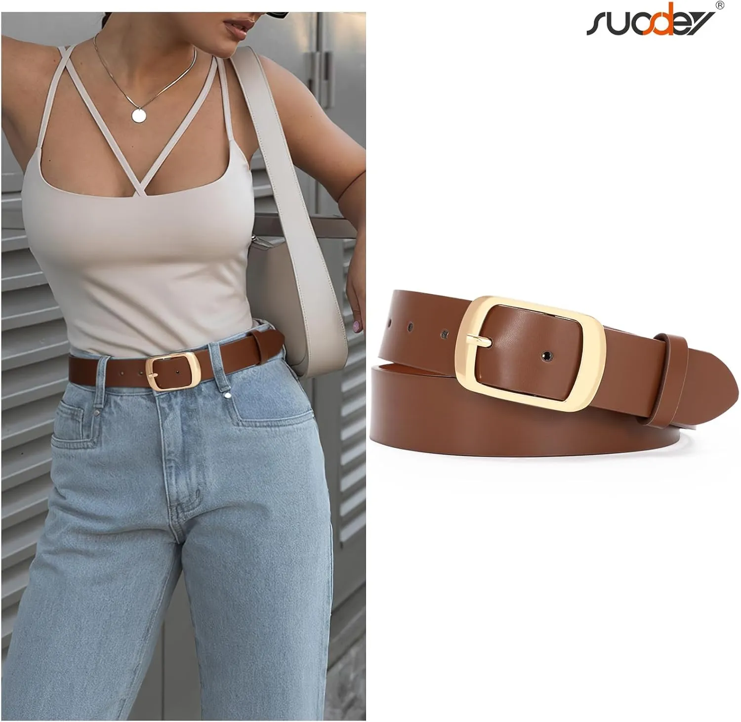 SUOSDEY Fashion Womens Leather Belt, Soft Leather Waist Belt with Gold Pin Buckle for Jeans Pants,width 1.3"