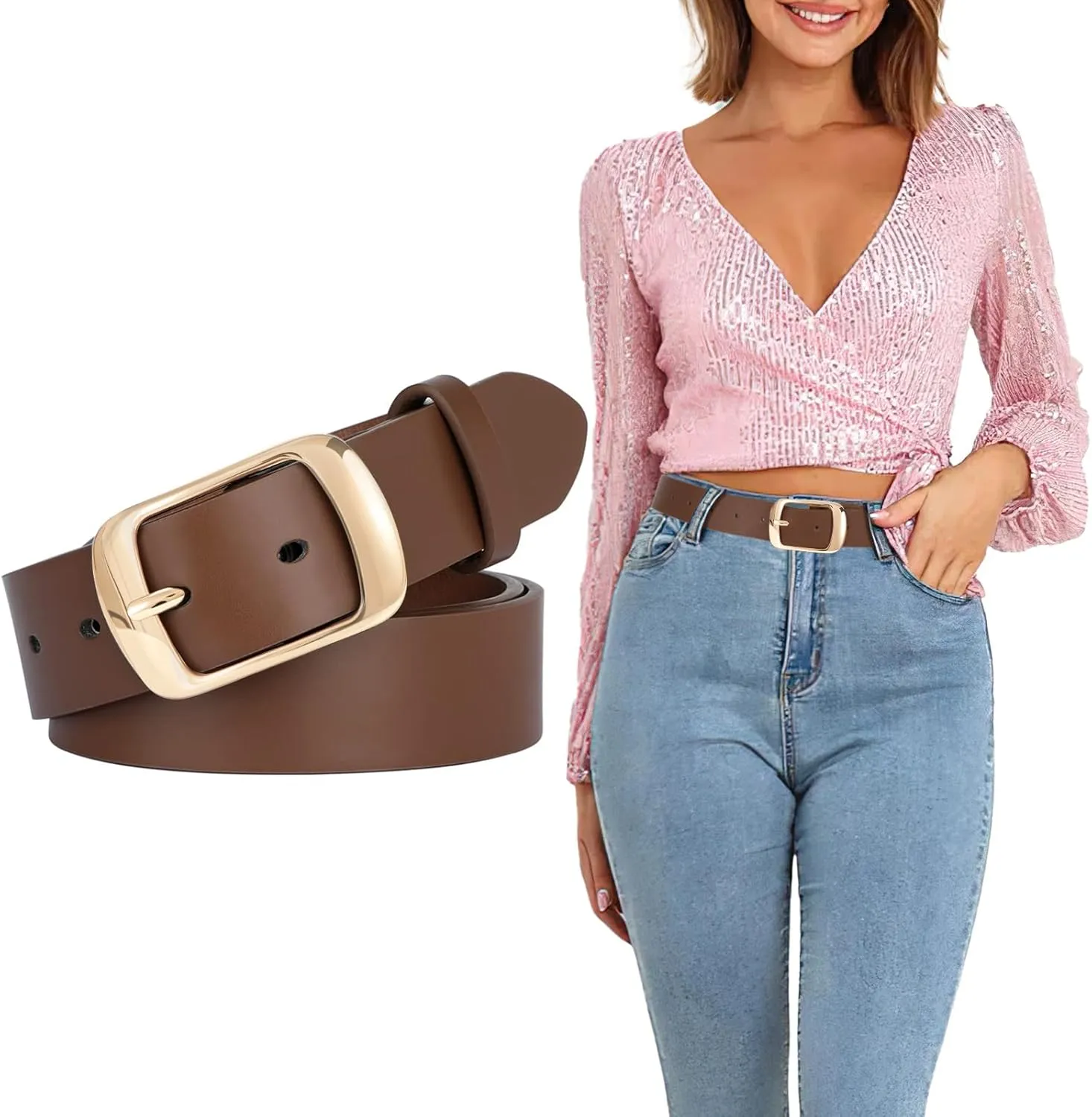 SUOSDEY Fashion Womens Leather Belt, Soft Leather Waist Belt with Gold Pin Buckle for Jeans Pants,width 1.3"