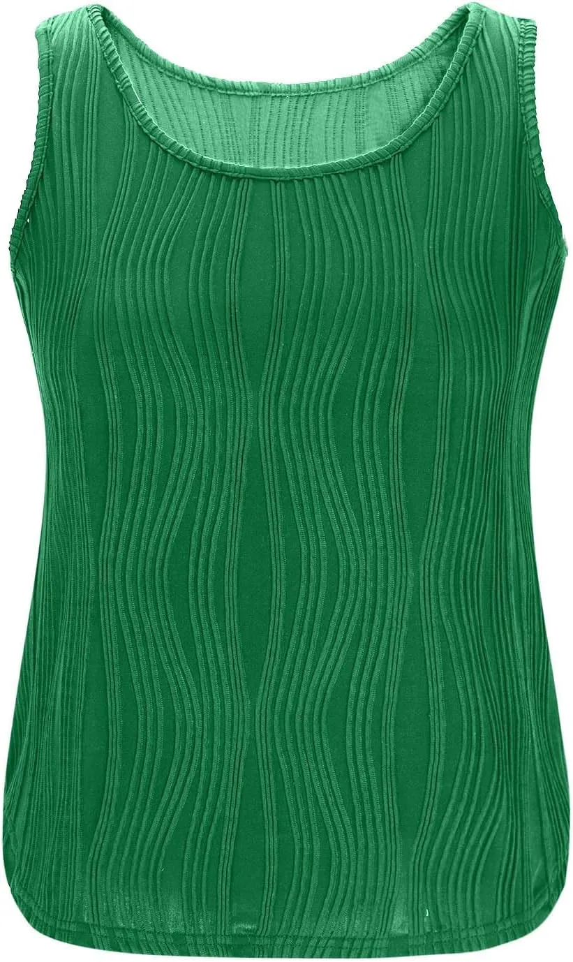 Tank Tops for Women Summer Vacation Beach Tees Textured Ruffled Hem Tunic Flowly Crew Neck Sleeveless Blouse