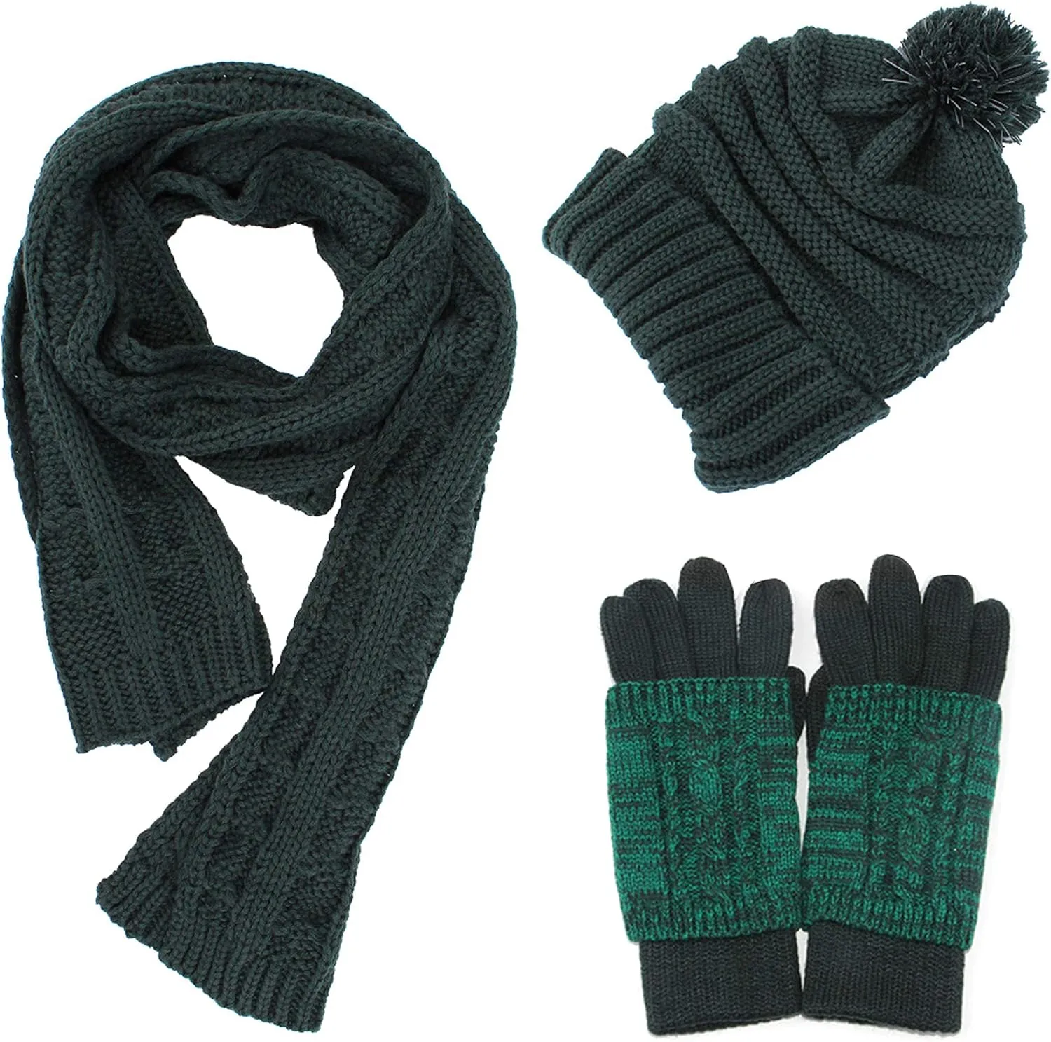 Winter Hat Gloves Scarf Set Women, Beanie with Pom Touchscreen Gloves Warm Knit Long Scarf 3 in 1 Set Gift for Women