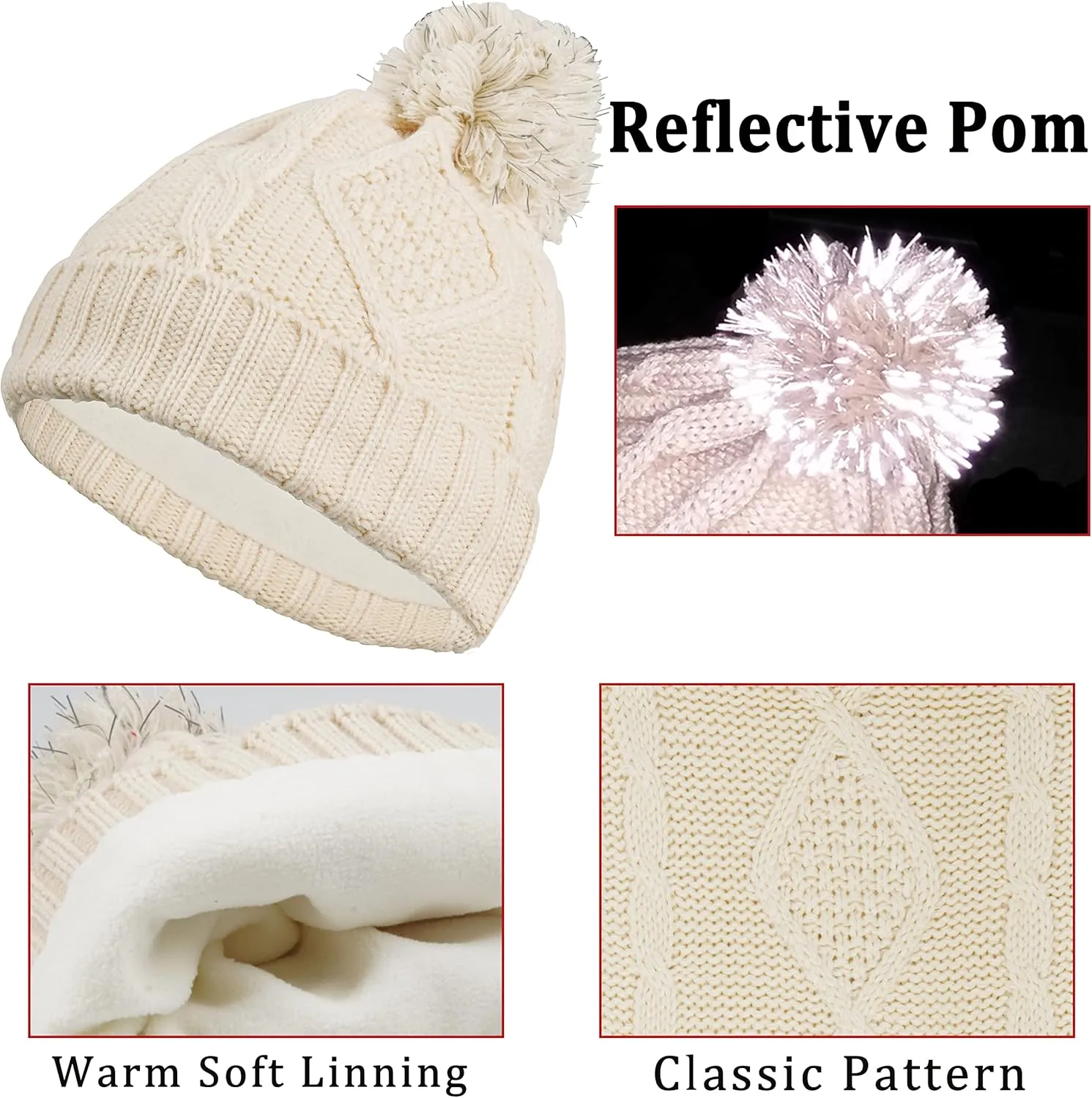 Winter Hat Gloves Scarf Set Women, Beanie with Pom Touchscreen Gloves Warm Knit Long Scarf 3 in 1 Set Gift for Women