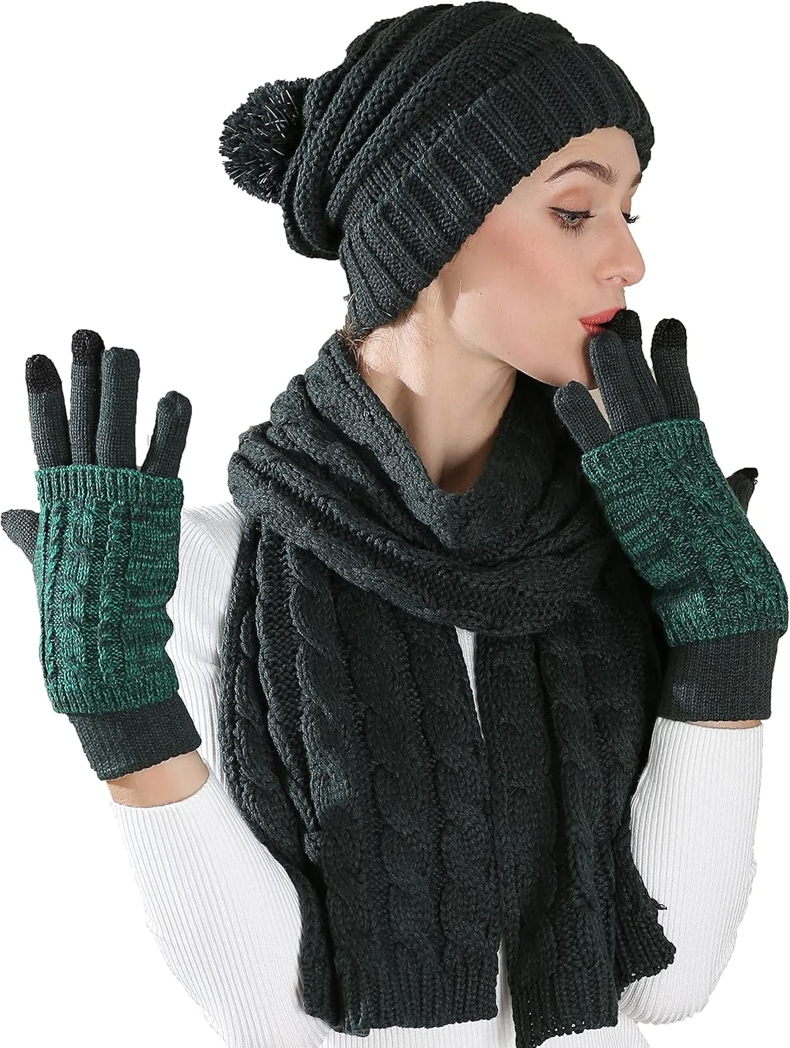 Winter Hat Gloves Scarf Set Women, Beanie with Pom Touchscreen Gloves Warm Knit Long Scarf 3 in 1 Set Gift for Women
