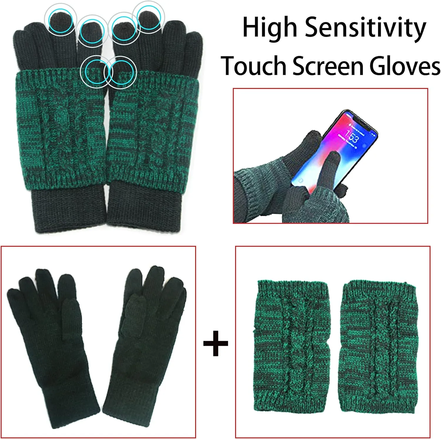 Winter Hat Gloves Scarf Set Women, Beanie with Pom Touchscreen Gloves Warm Knit Long Scarf 3 in 1 Set Gift for Women