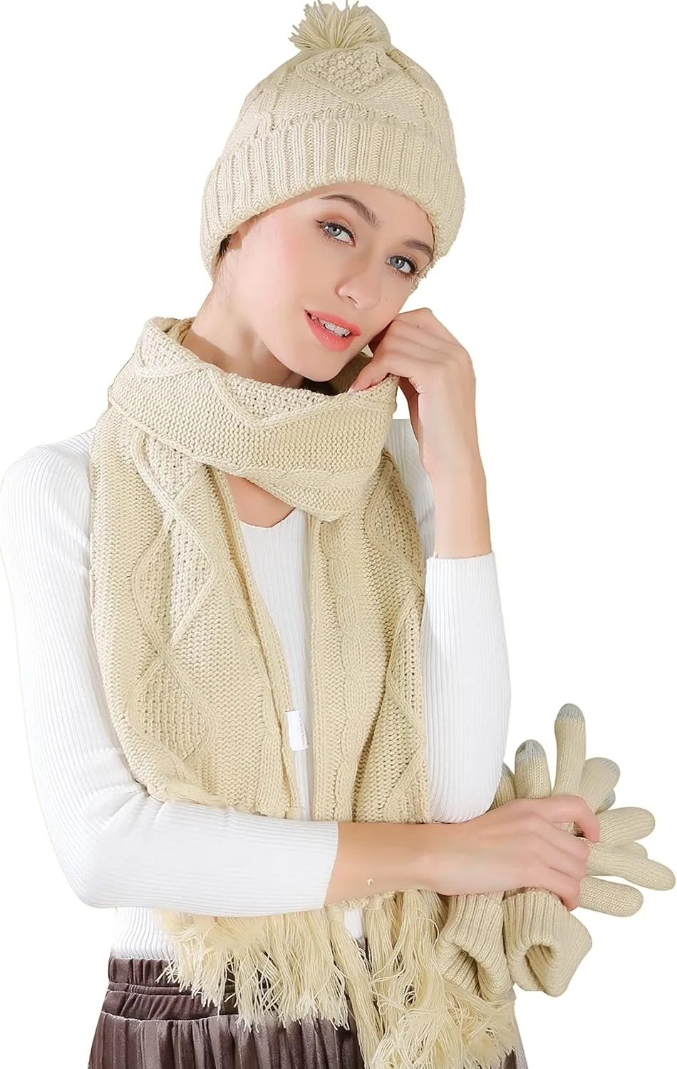 Winter Hat Gloves Scarf Set Women, Beanie with Pom Touchscreen Gloves Warm Knit Long Scarf 3 in 1 Set Gift for Women