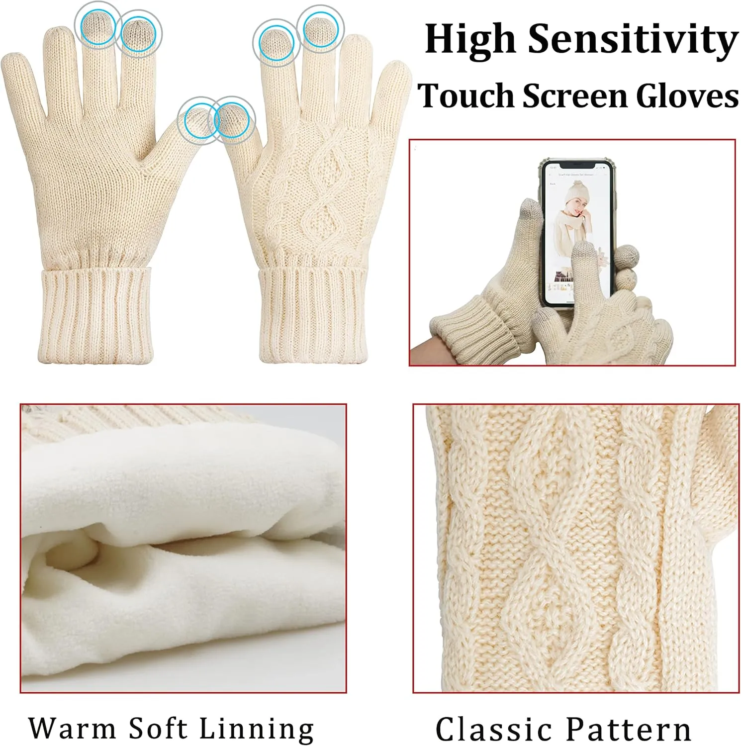 Winter Hat Gloves Scarf Set Women, Beanie with Pom Touchscreen Gloves Warm Knit Long Scarf 3 in 1 Set Gift for Women