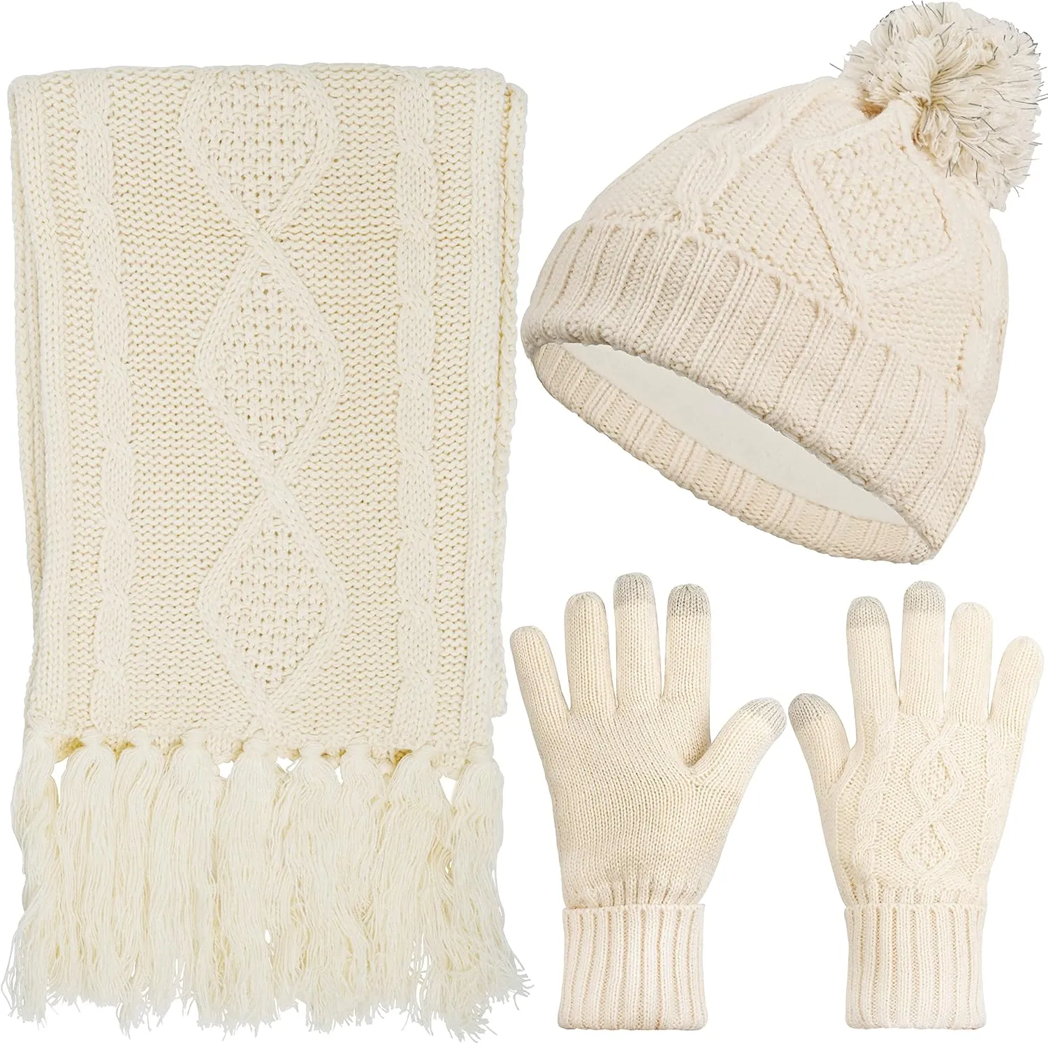 Winter Hat Gloves Scarf Set Women, Beanie with Pom Touchscreen Gloves Warm Knit Long Scarf 3 in 1 Set Gift for Women