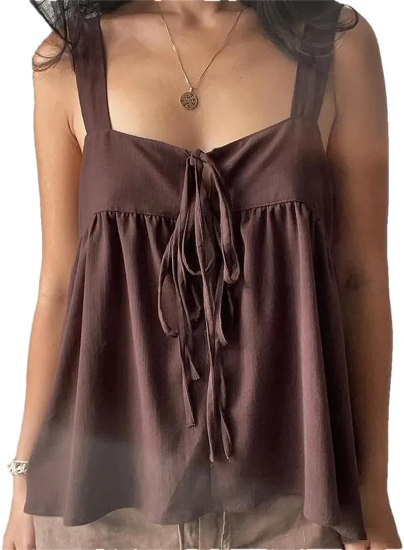 Women Sleevless Loose Backless Crop Tops Front Tie Up Babydoll Peplum Blouse Boho Flowy Vest