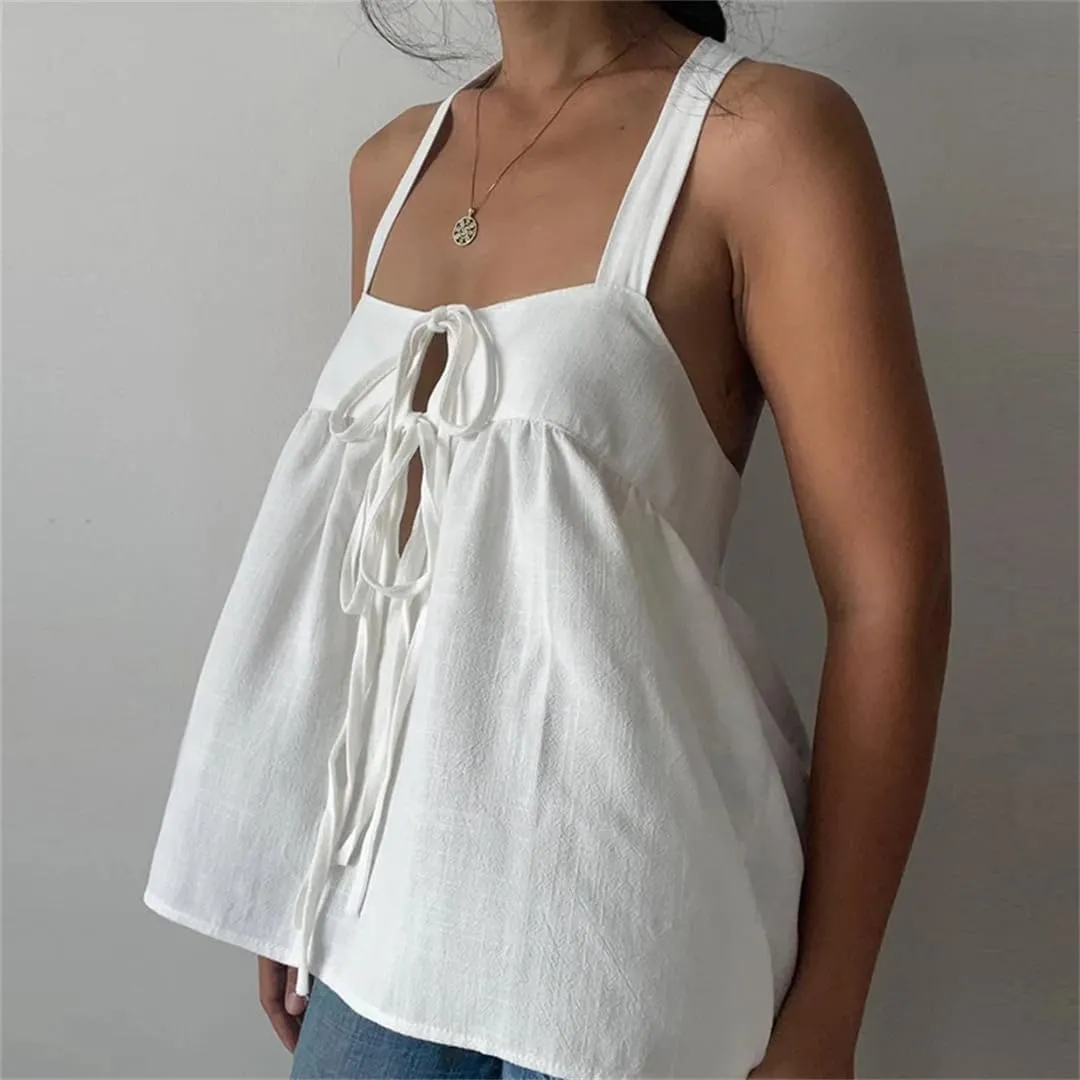 Women Sleevless Loose Backless Crop Tops Front Tie Up Babydoll Peplum Blouse Boho Flowy Vest