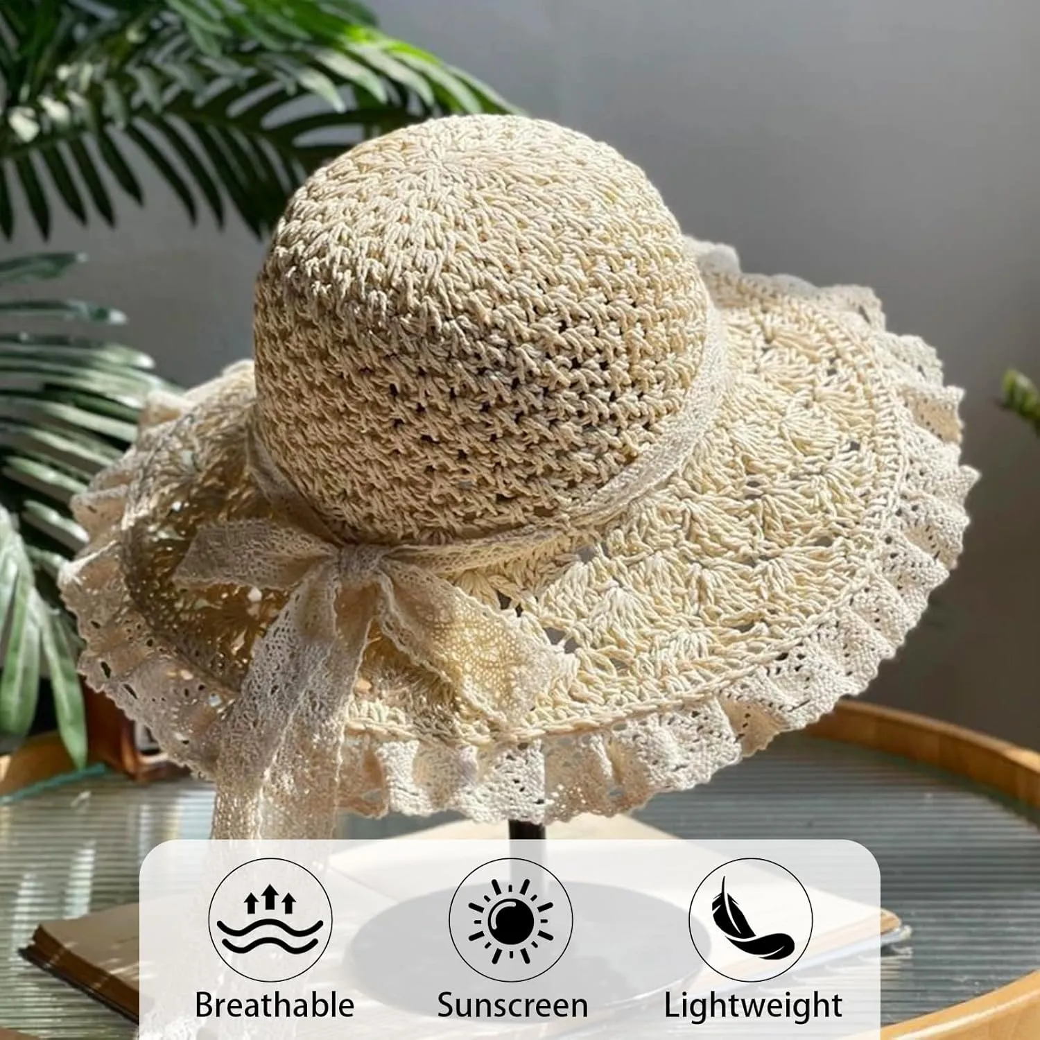 Women Straw Hat with Lace Girl Summer Wide Brim Sun Hat Foldable Beach Travel Roll Up Cap Elegant Crochet Straw Hat