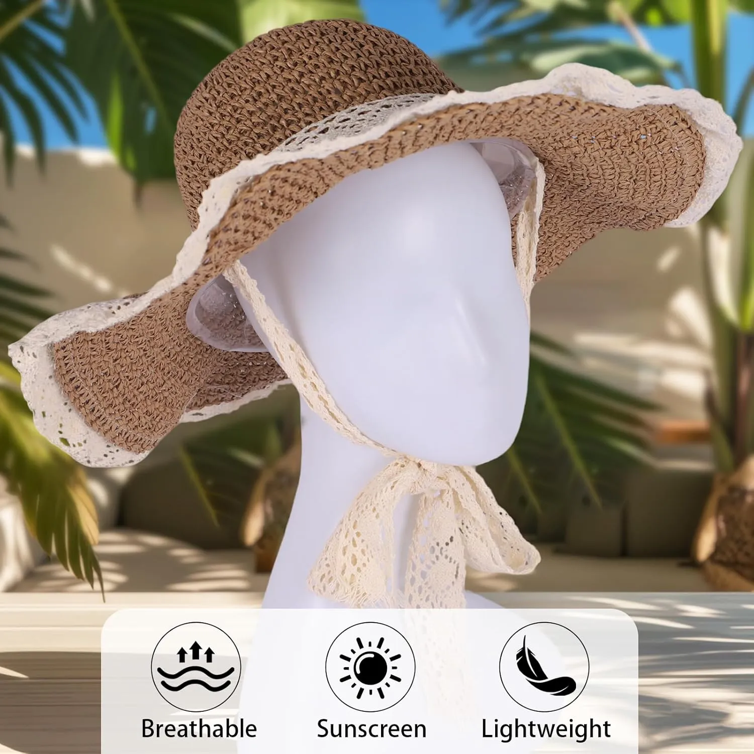 Women Straw Hat with Lace Girl Summer Wide Brim Sun Hat Foldable Beach Travel Roll Up Cap Elegant Crochet Straw Hat