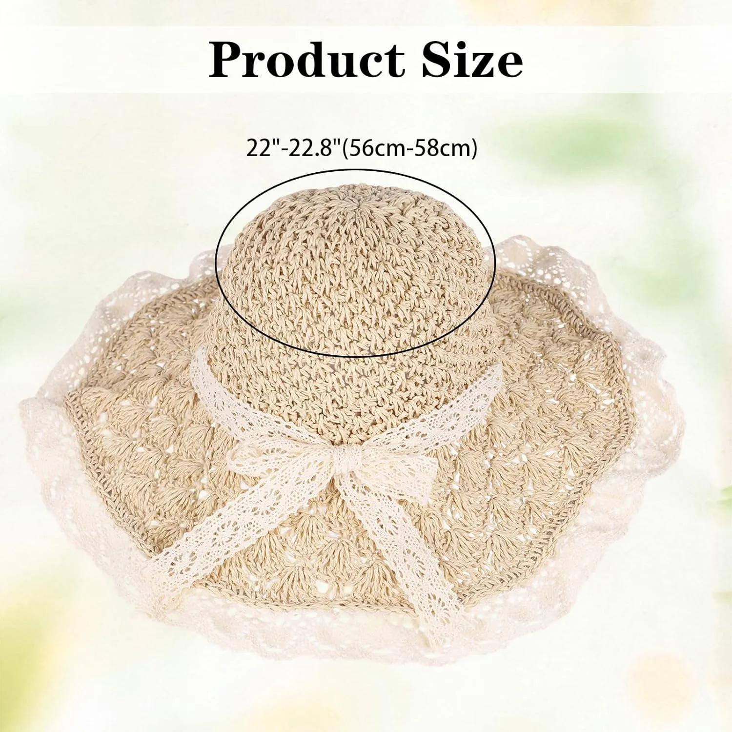 Women Straw Hat with Lace Girl Summer Wide Brim Sun Hat Foldable Beach Travel Roll Up Cap Elegant Crochet Straw Hat