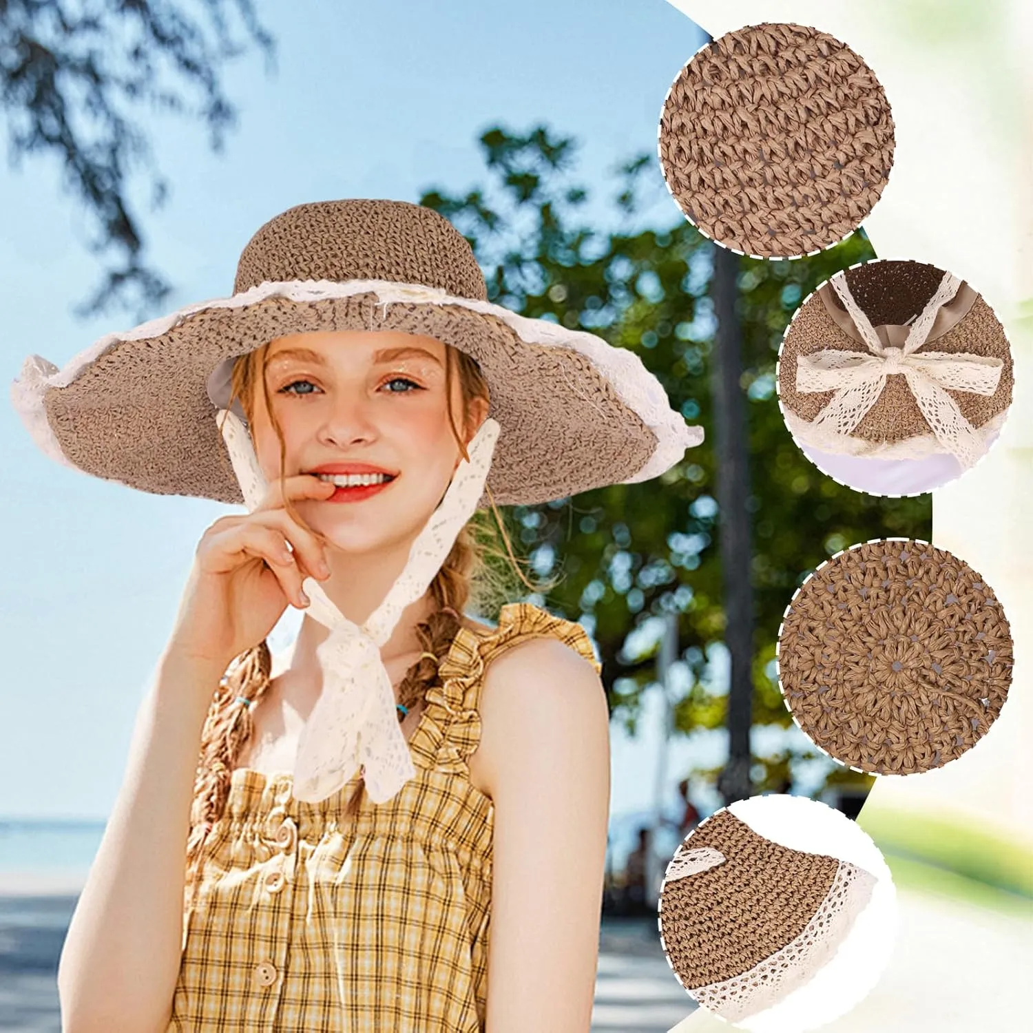 Women Straw Hat with Lace Girl Summer Wide Brim Sun Hat Foldable Beach Travel Roll Up Cap Elegant Crochet Straw Hat