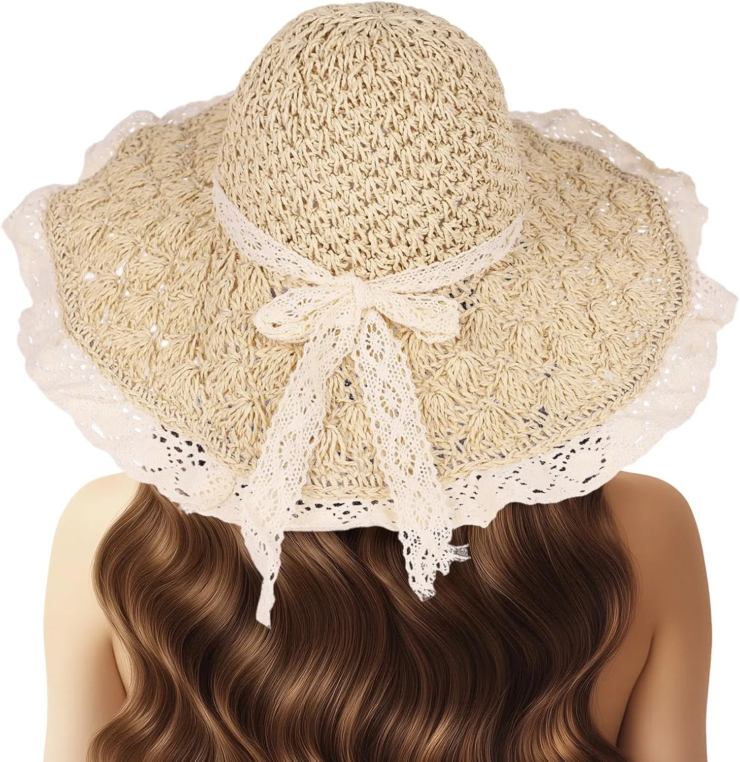 Women Straw Hat with Lace Girl Summer Wide Brim Sun Hat Foldable Beach Travel Roll Up Cap Elegant Crochet Straw Hat