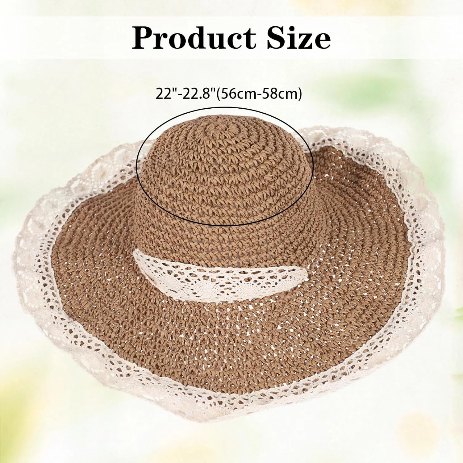 Women Straw Hat with Lace Girl Summer Wide Brim Sun Hat Foldable Beach Travel Roll Up Cap Elegant Crochet Straw Hat