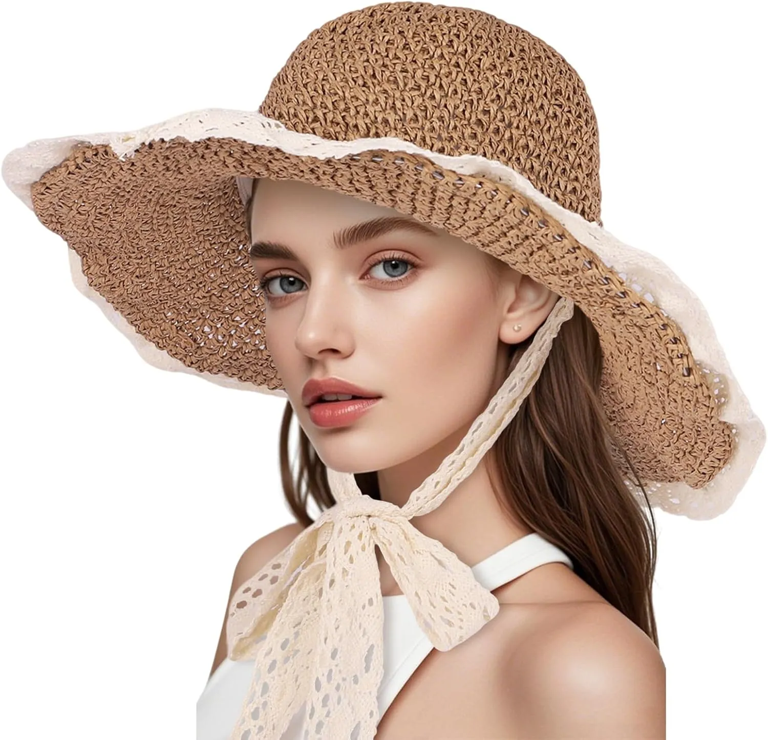 Women Straw Hat with Lace Girl Summer Wide Brim Sun Hat Foldable Beach Travel Roll Up Cap Elegant Crochet Straw Hat