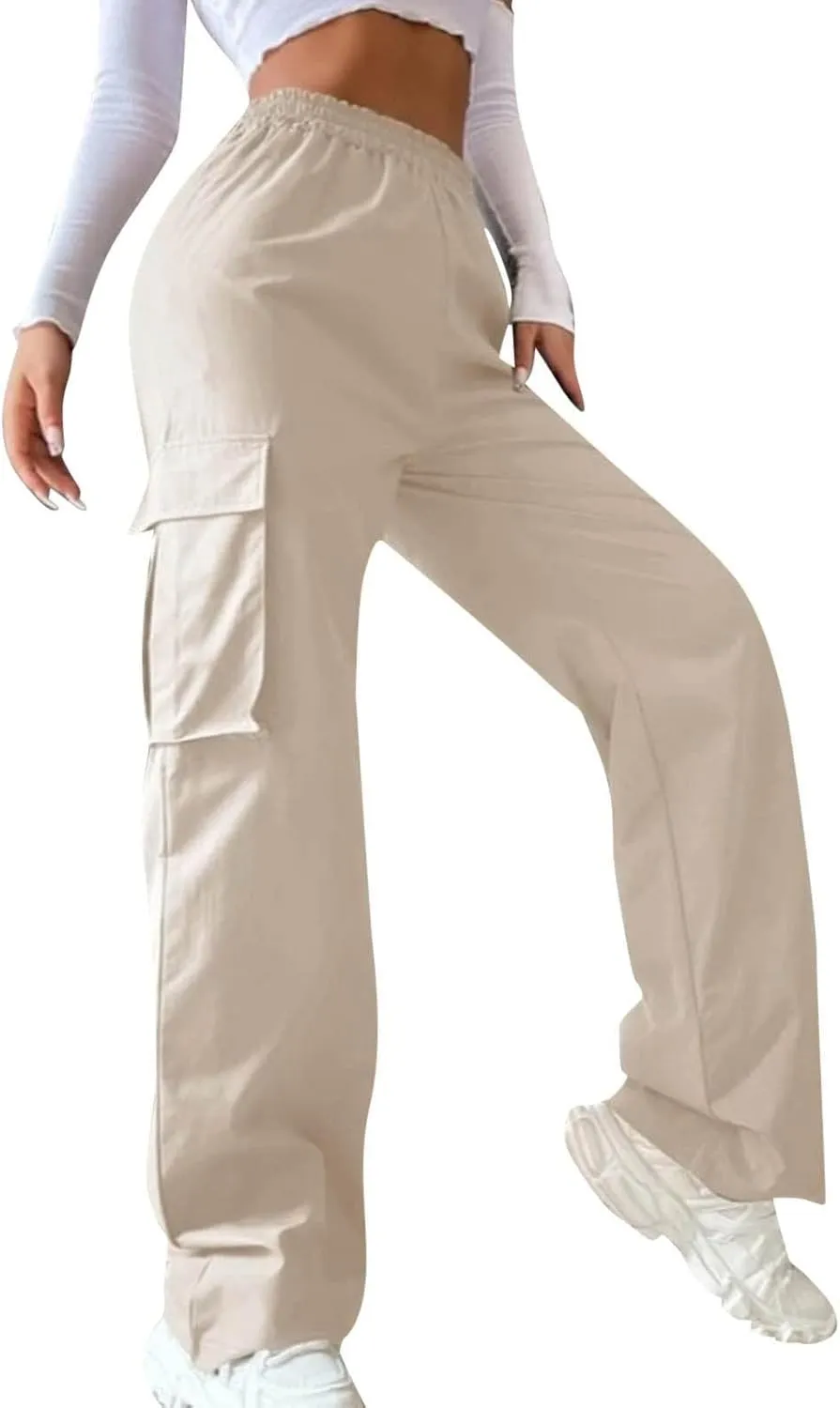 Women's Belt Less High Elastic Waisted Straight Leg Relaxed Style Trousers Slim Fit Fashion and Cool Streetwear