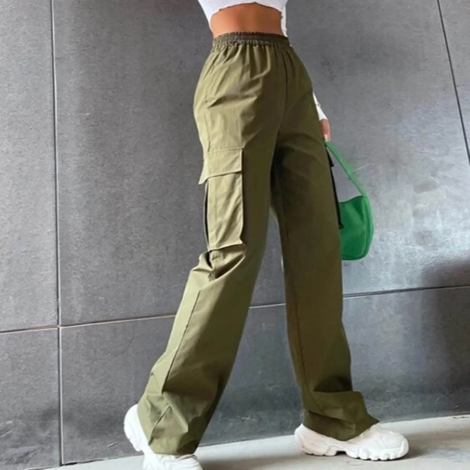 Women's Belt Less High Waisted Wide Leg Trousers Straight Leg Relaxed Style Trousers Casual Trousers Yoga Work