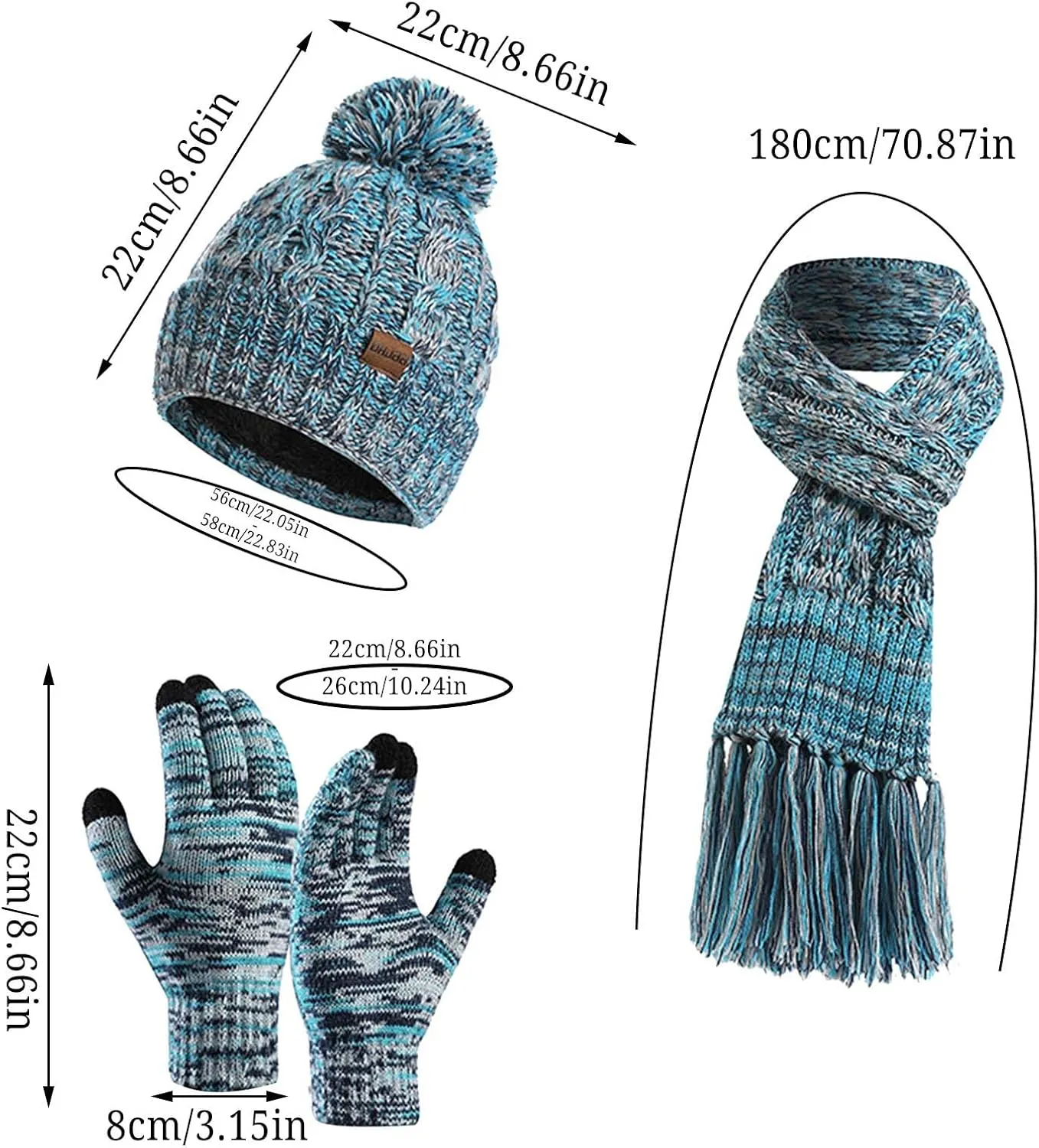 Womens Mens Beanie Hat Scarf Touch Screen Gloves Set Warm Thick Knit Lined Skull Caps Neck Warmer Scarves Gifts