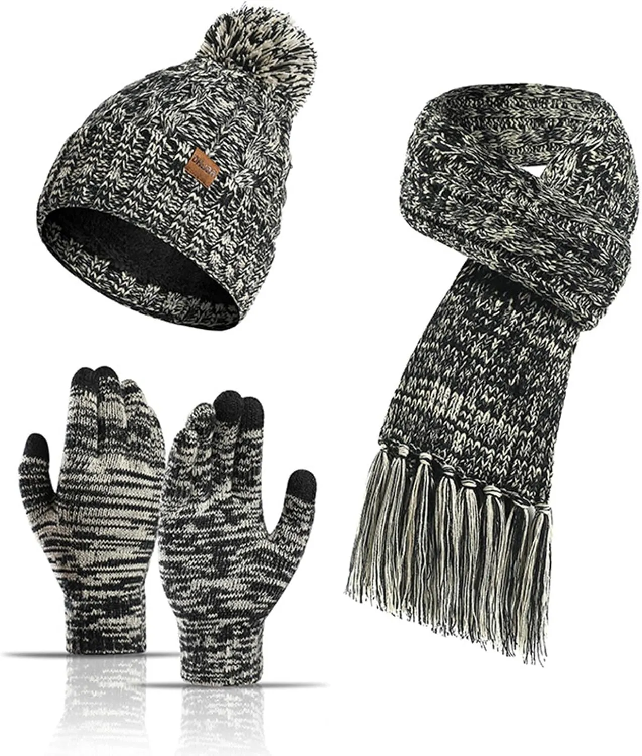 Womens Mens Beanie Hat Scarf Touch Screen Gloves Set Warm Thick Knit Lined Skull Caps Neck Warmer Scarves Gifts